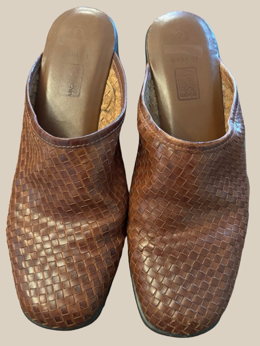 VTG 90s Faded Glory Brown Woven Leather Clog Mules Boho Square Toe Slides SZ 7